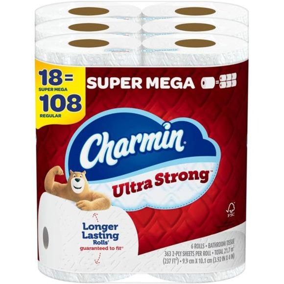Ultra Strong Toilet Paper, 18 Super Mega Rolls = 108 Regular Rolls - Picture 1 of 7